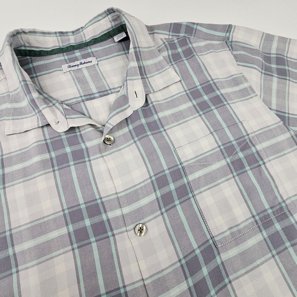 Tommy Bahama Shirt Mens 3XLT 100% Silk Plaid Short Sleeve Camp Casual